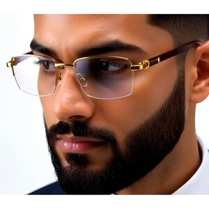 Gold Frame Glasses Wood Temple Accents Half Rim Rectangular Eyeglasses Buffs New